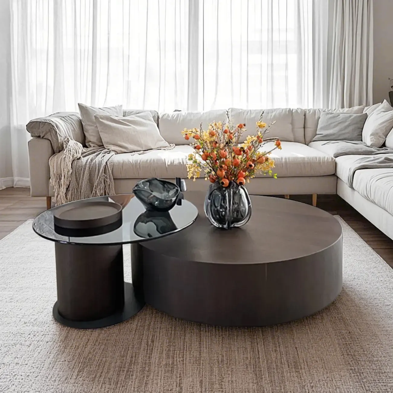 Brown Round Scandinavian Wood Coffee Table with Storage Image - 2