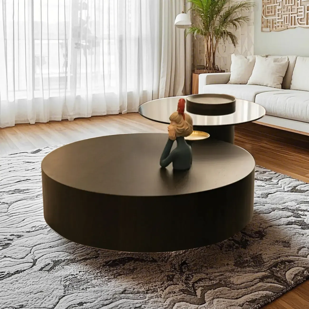Brown Round Scandinavian Wood Coffee Table with Storage Image - 3