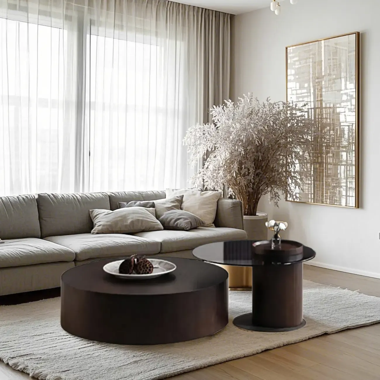 Brown Round Scandinavian Wood Coffee Table with Storage Image - 4