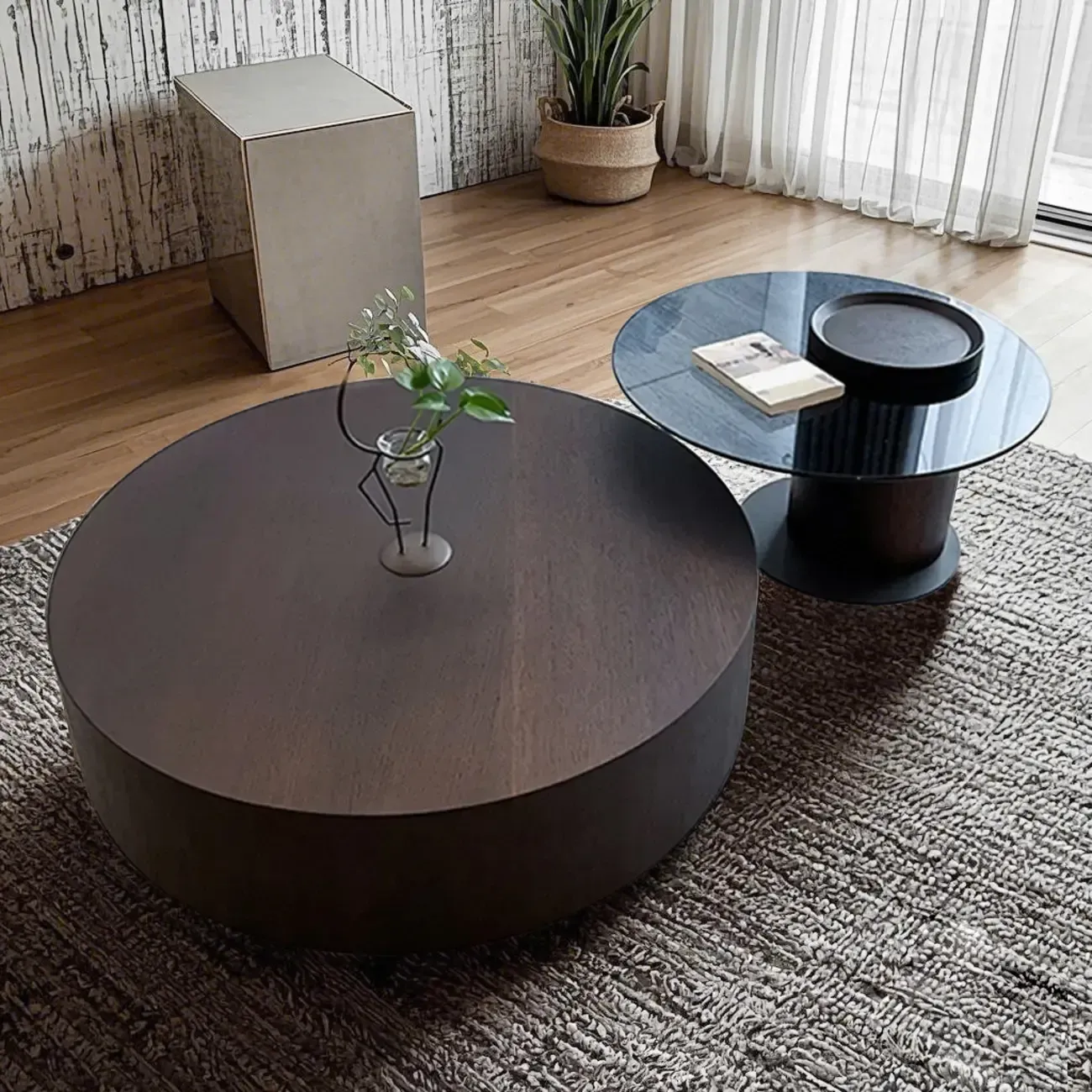 Brown Round Scandinavian Wood Coffee Table with Storage Image - 6