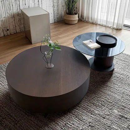 Brown Round Scandinavian Wood Coffee Table with Storage Image - 6