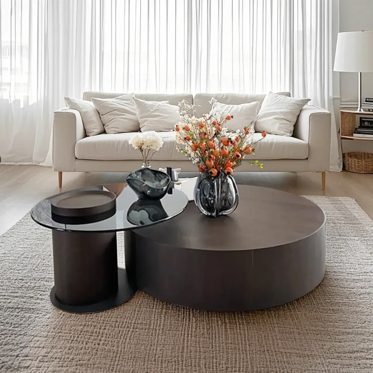 Brown Round Scandinavian Wood Coffee Table with Storage Image - 5