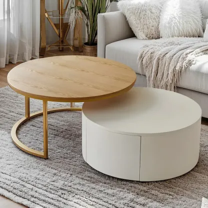 Compact Stylish Round Wood Drawer Coffee Table Image - 2