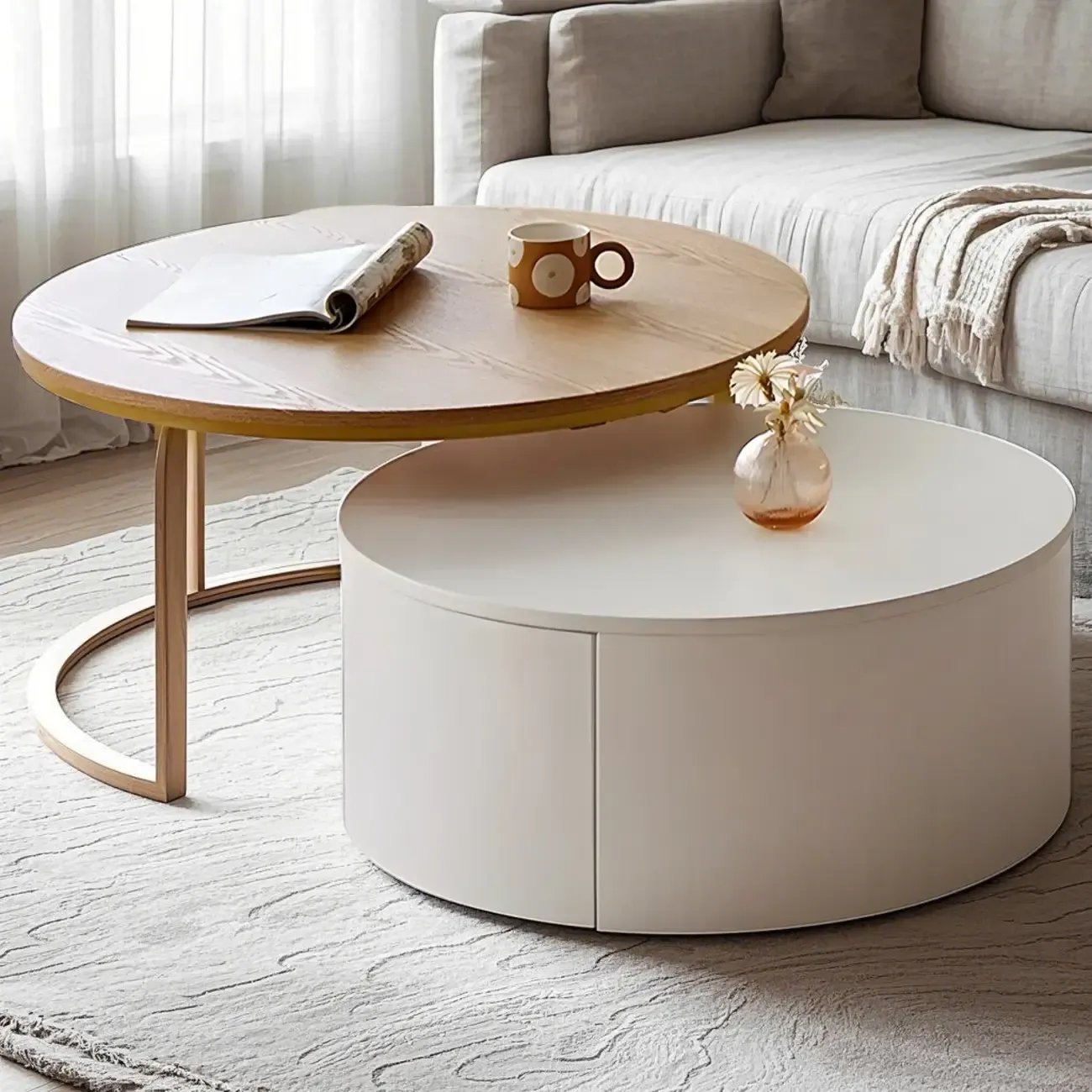 Compact Stylish Round Wood Drawer Coffee Table Image - 3