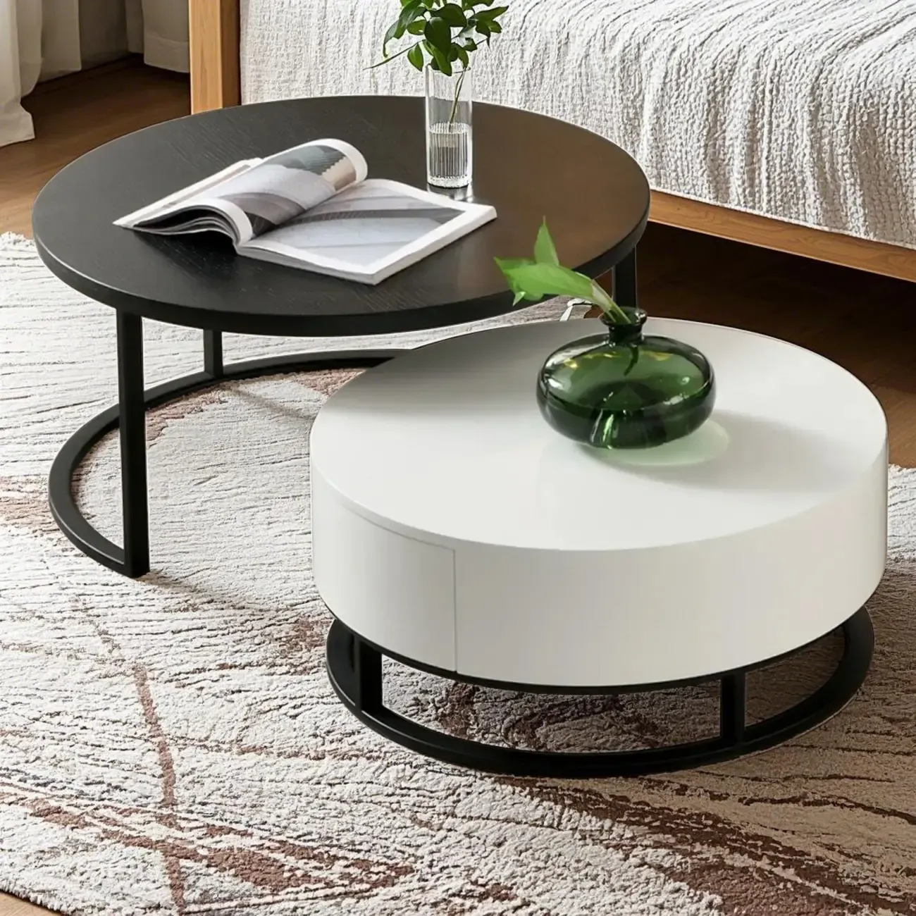 Compact Stylish Round Wood Drawer Coffee Table Image - 5