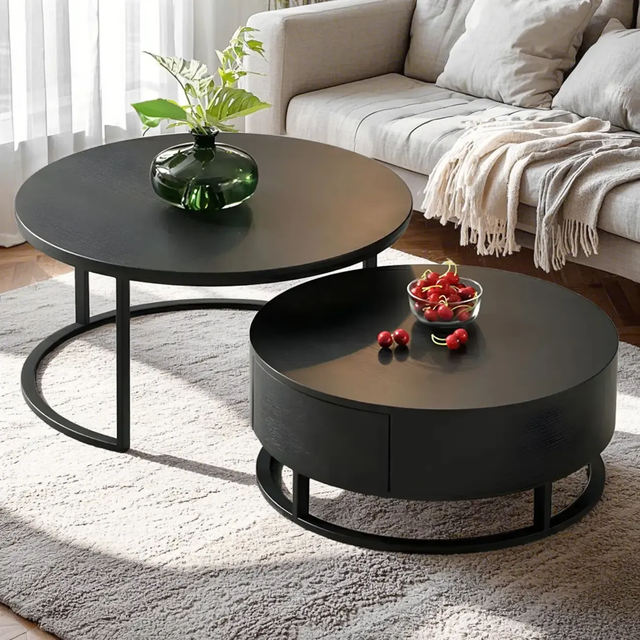 Compact Stylish Round Wood Drawer Coffee Table Image - 6