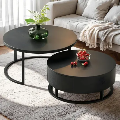 Compact Stylish Round Wood Drawer Coffee Table Image - 6