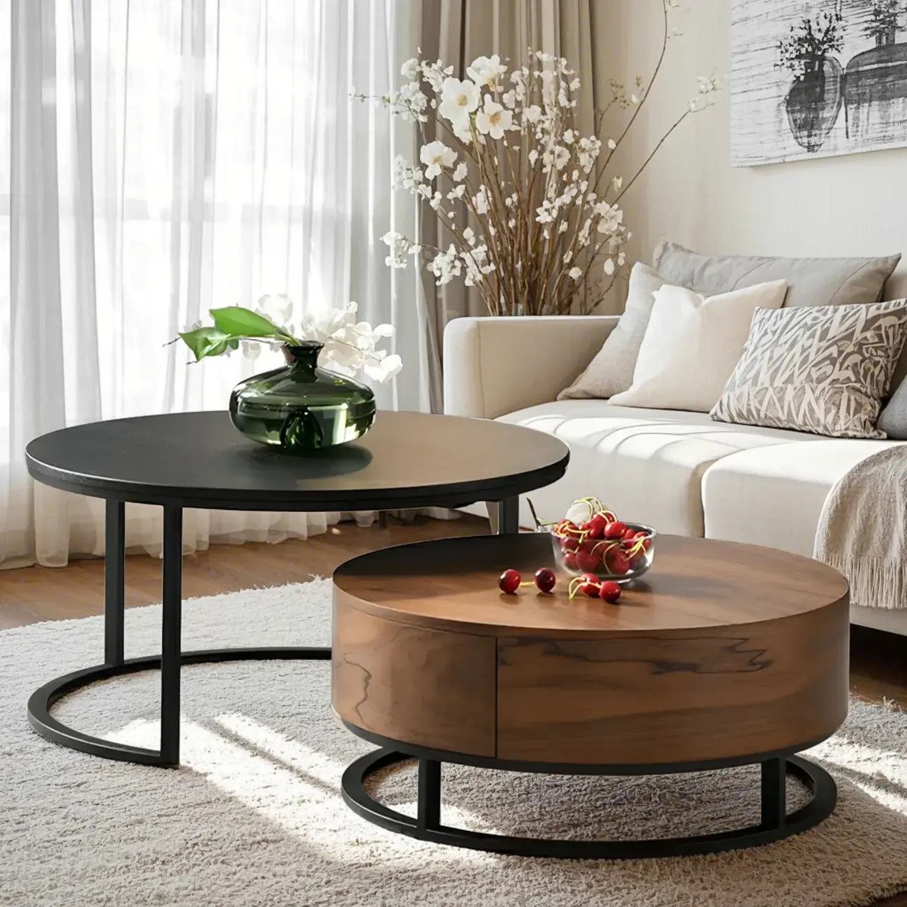 Compact Stylish Round Wood Drawer Coffee Table Image - 7