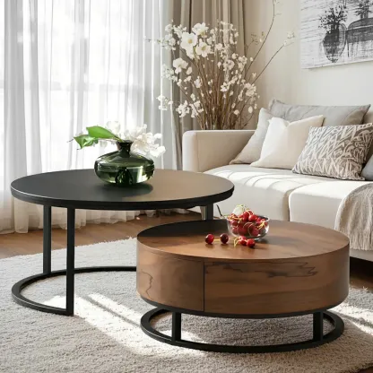 Compact Stylish Round Wood Drawer Coffee Table Image - 7