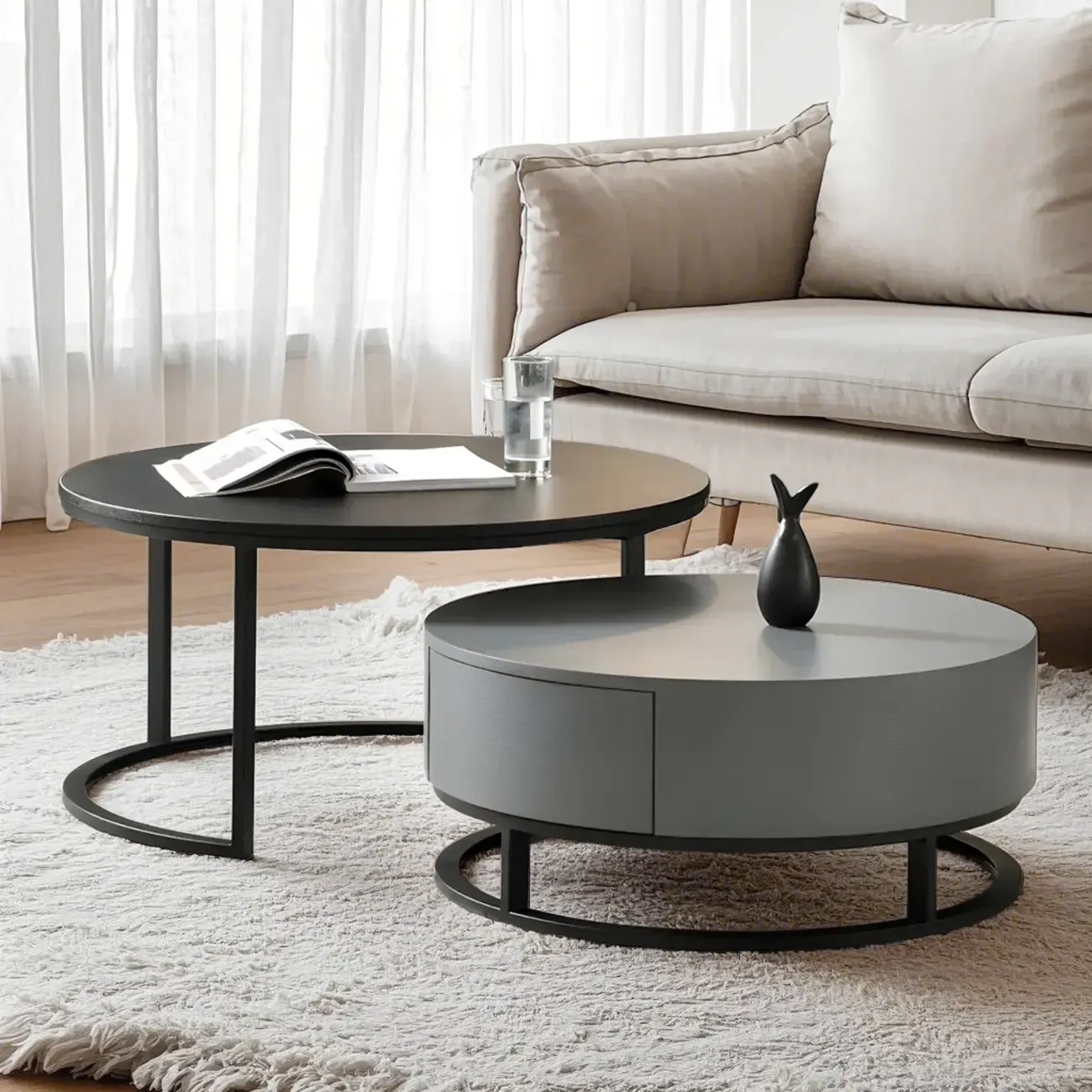 Compact Stylish Round Wood Drawer Coffee Table Image - 8