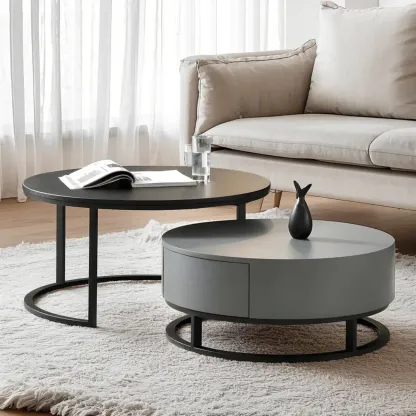 Compact Stylish Round Wood Drawer Coffee Table Image - 8