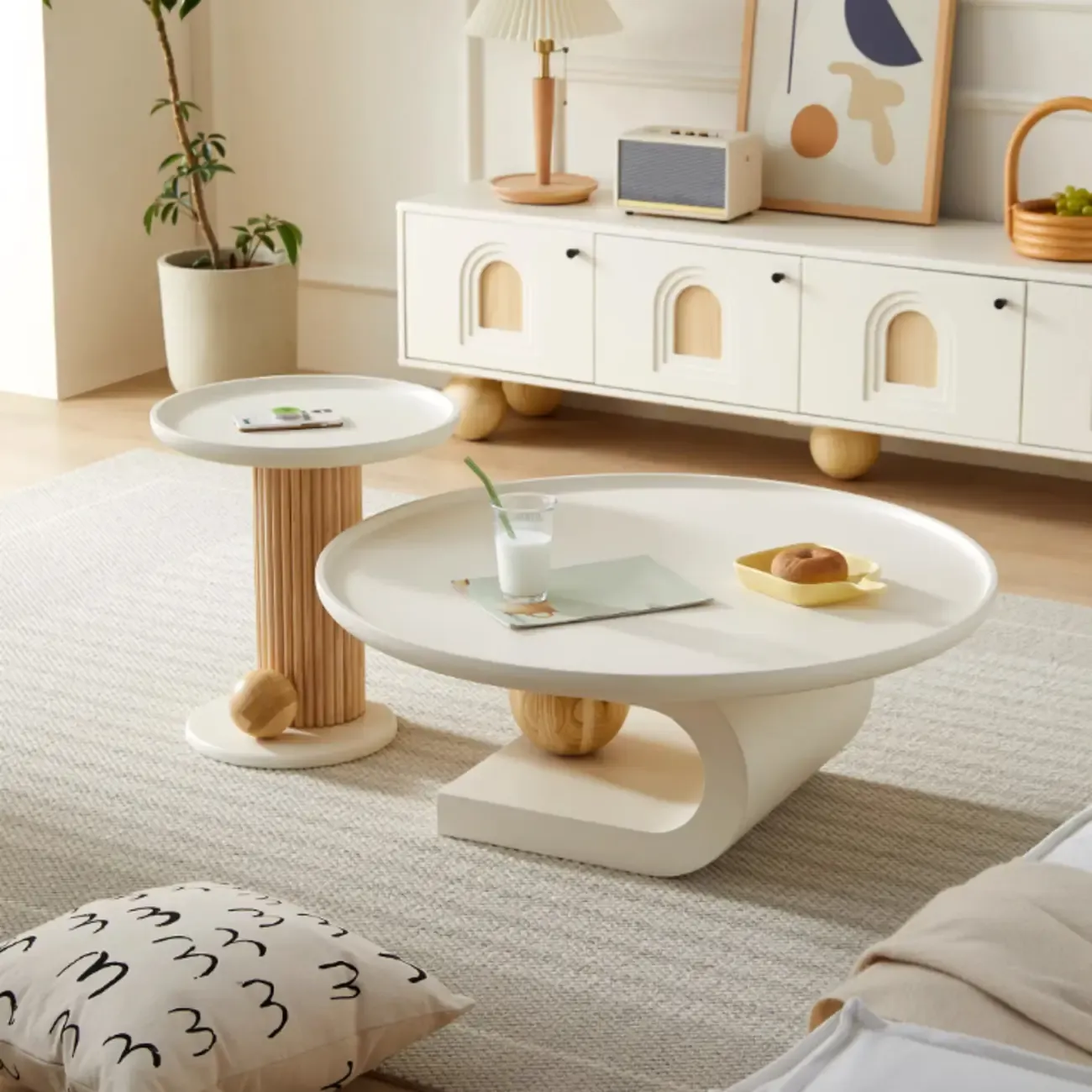 White Scandinavian Stylish Round Wood Coffee Table Image - 3