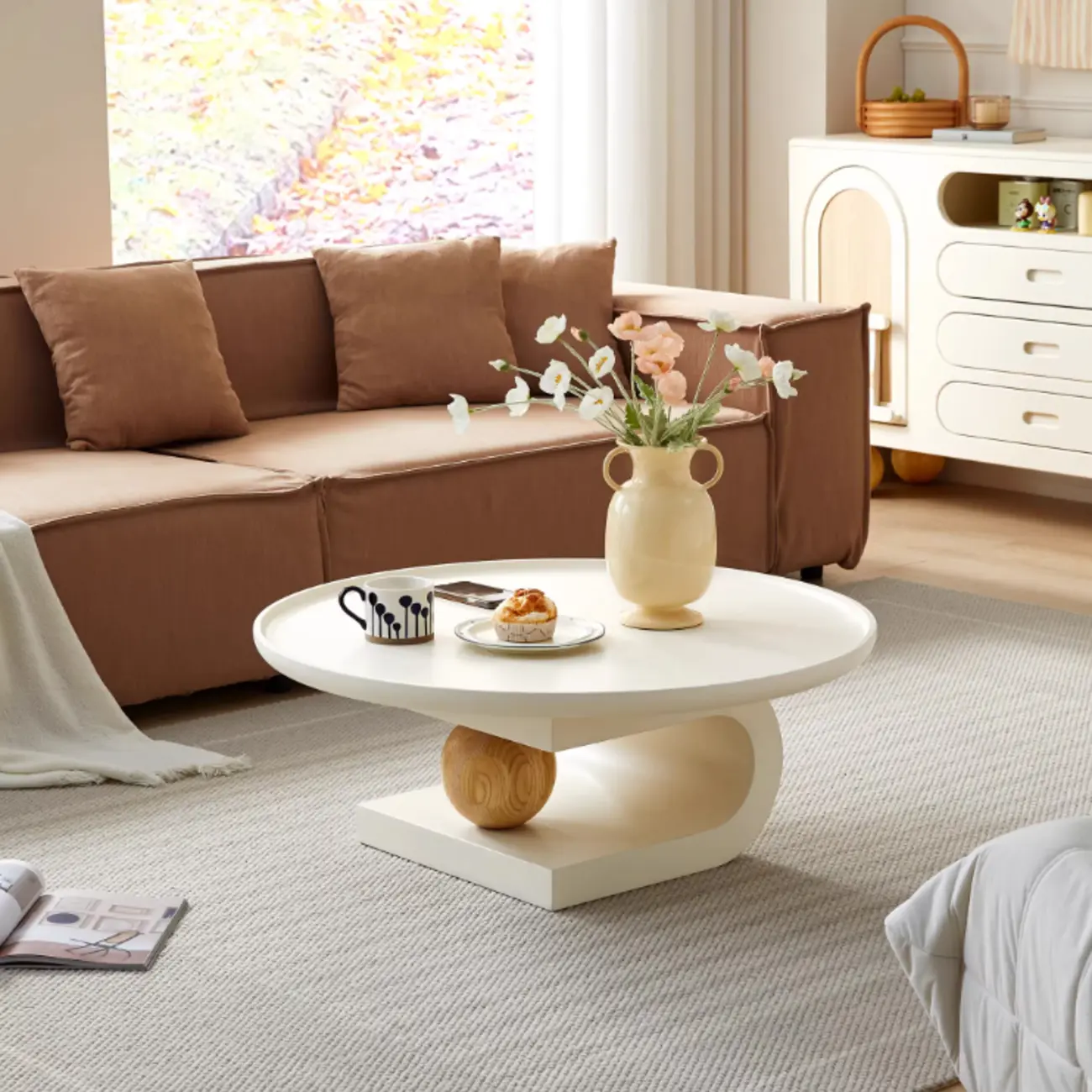 White Scandinavian Stylish Round Wood Coffee Table Image - 2 | homeyfad