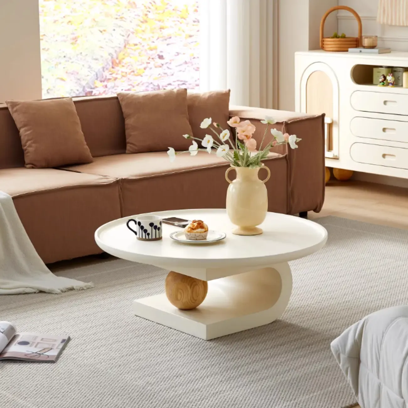 White Scandinavian Stylish Round Wood Coffee Table Image - 2