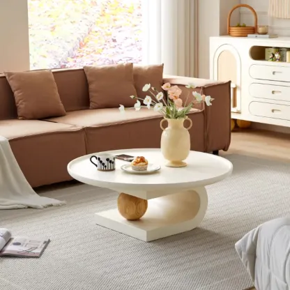 White Scandinavian Stylish Round Wood Coffee Table Image - 2