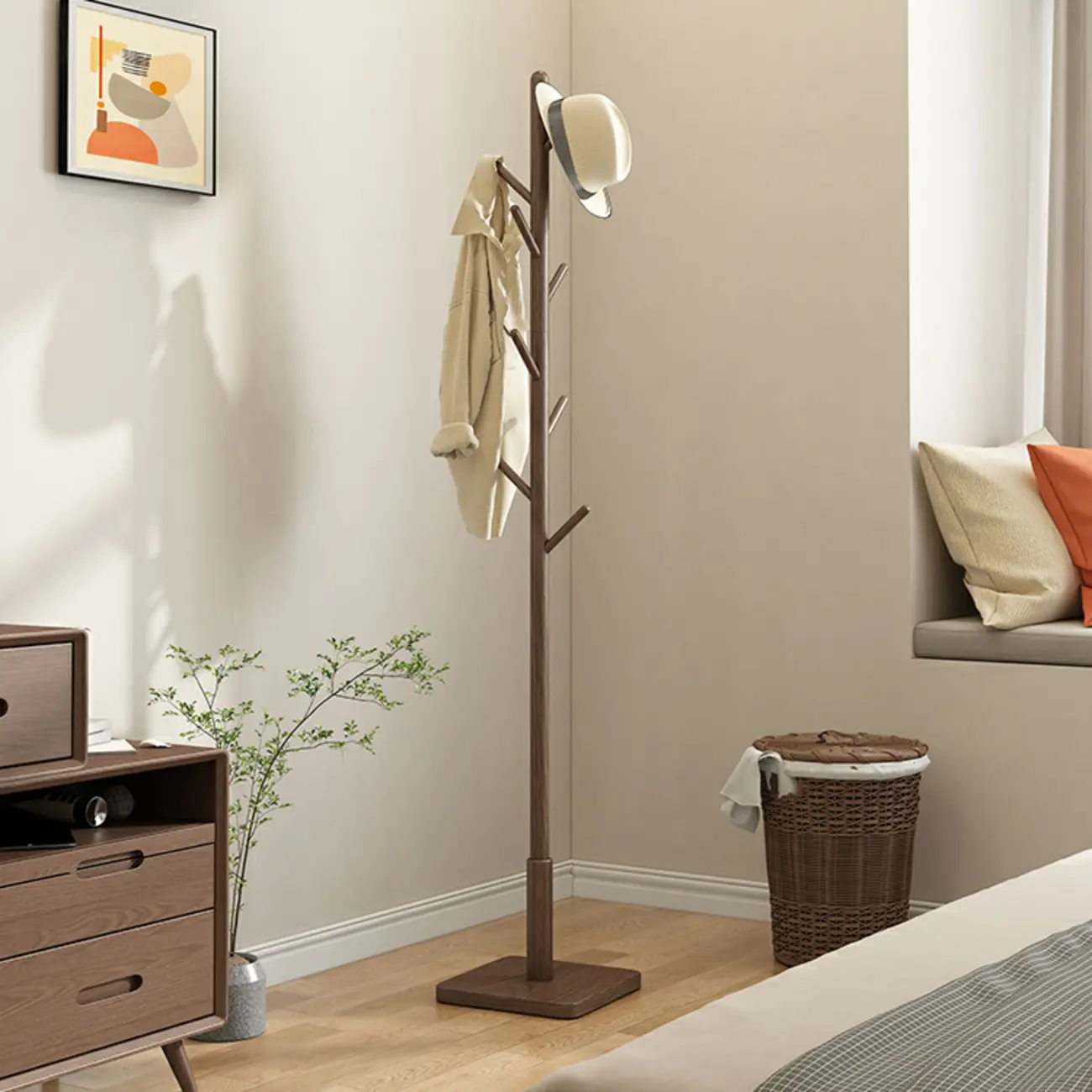 16"L Modern Walnut Wood Entryway Standing Coat Rack Image - 1 | homeyfad