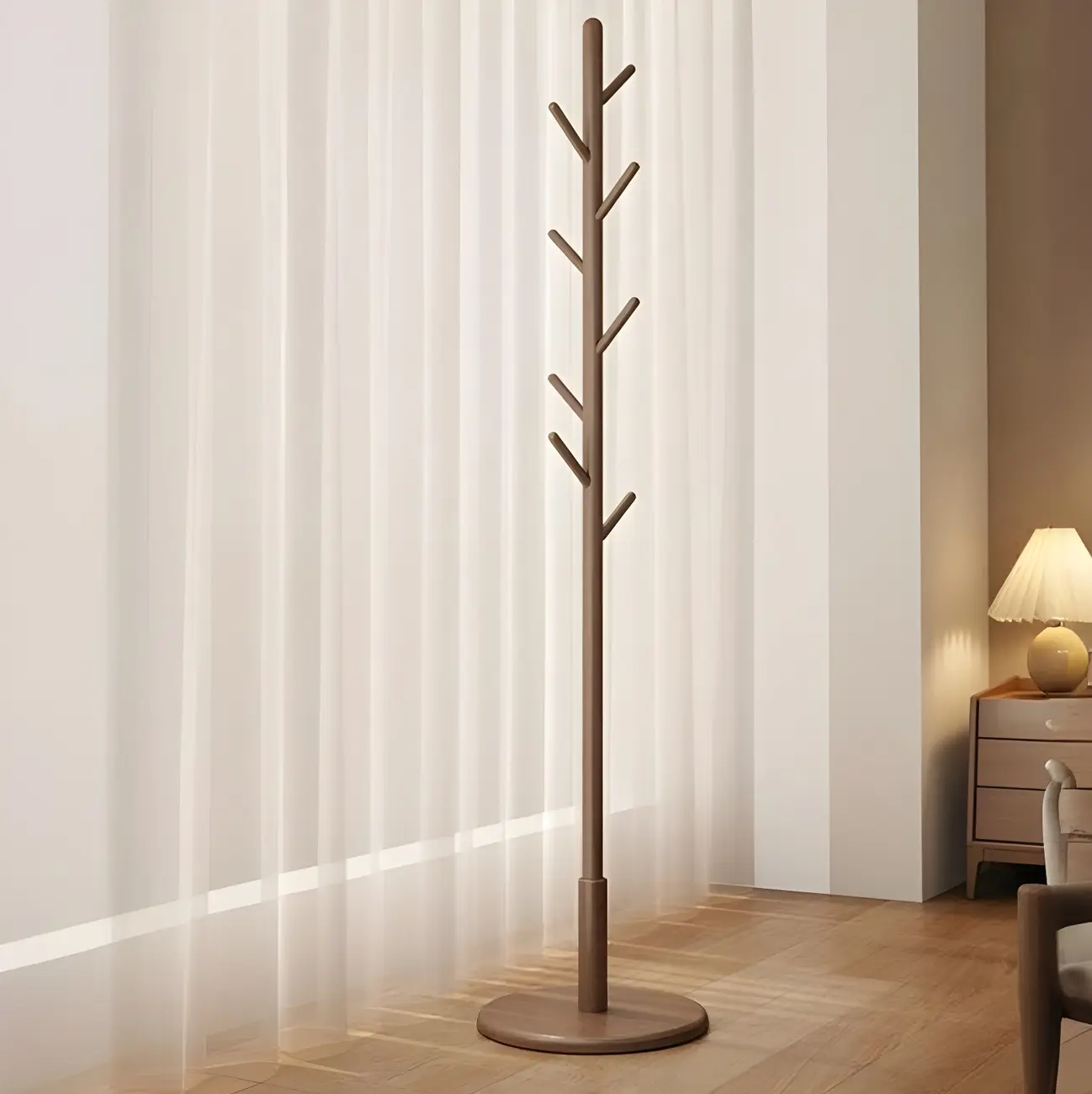 16"L Modern Walnut Wood Entryway Standing Coat Rack Image - 3 | homeyfad