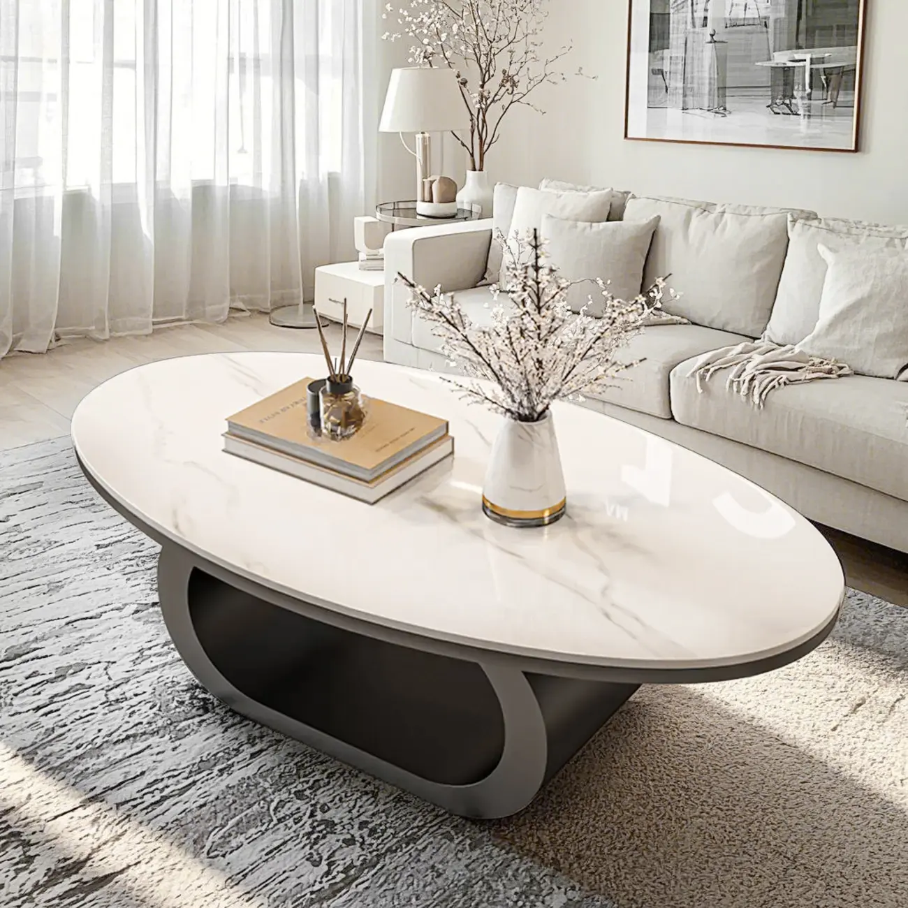 Modern Oval White Stone Coffee Table with Iron Base Image - 2 | homeyfad