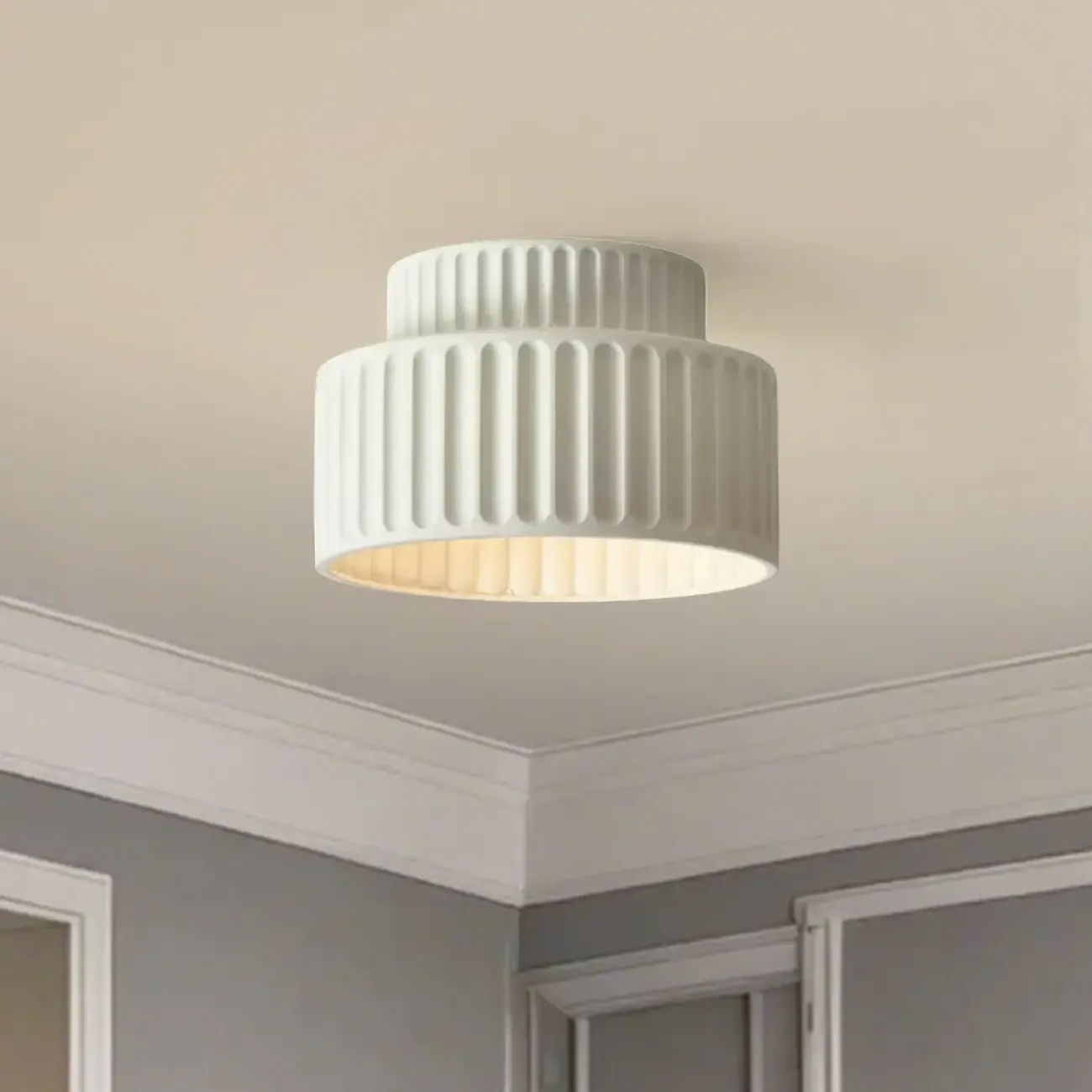 Modern Cylinder Semi Flush Ceiling Light with Plastic Shade Image - 2