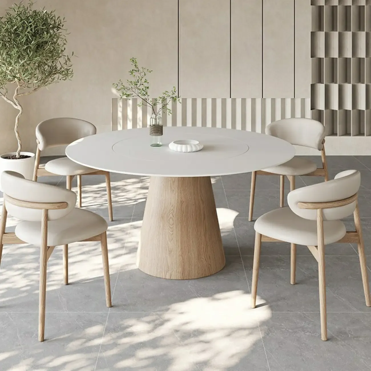 Simple White Stone Natural Wood Round Dining Table Image - 1