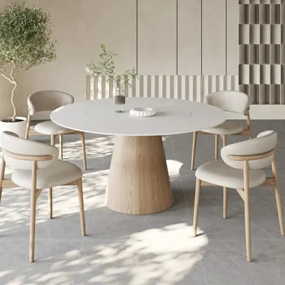 Simple White Stone Natural Wood Round Dining Table Image - 1