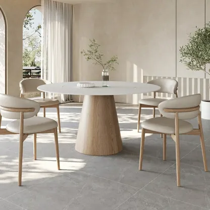 Simple White Stone Natural Wood Round Dining Table Image - 4