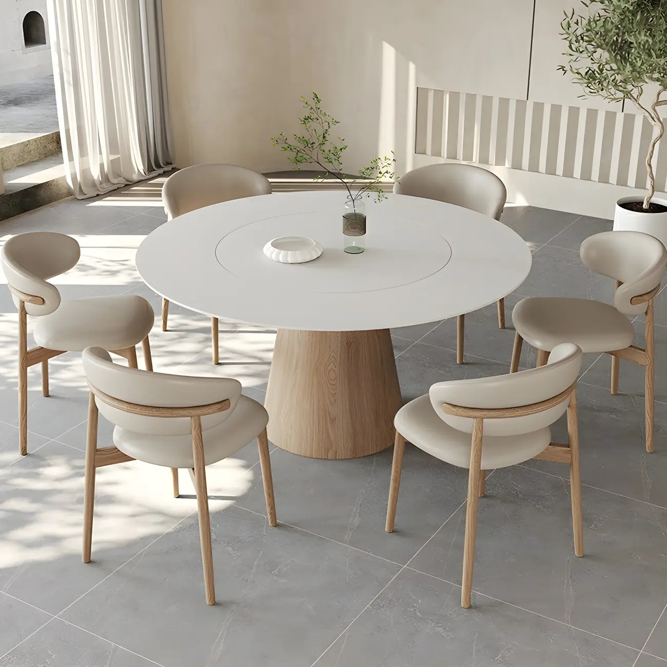 Simple White Stone Natural Wood Round Dining Table Image - 8 | homeyfad
