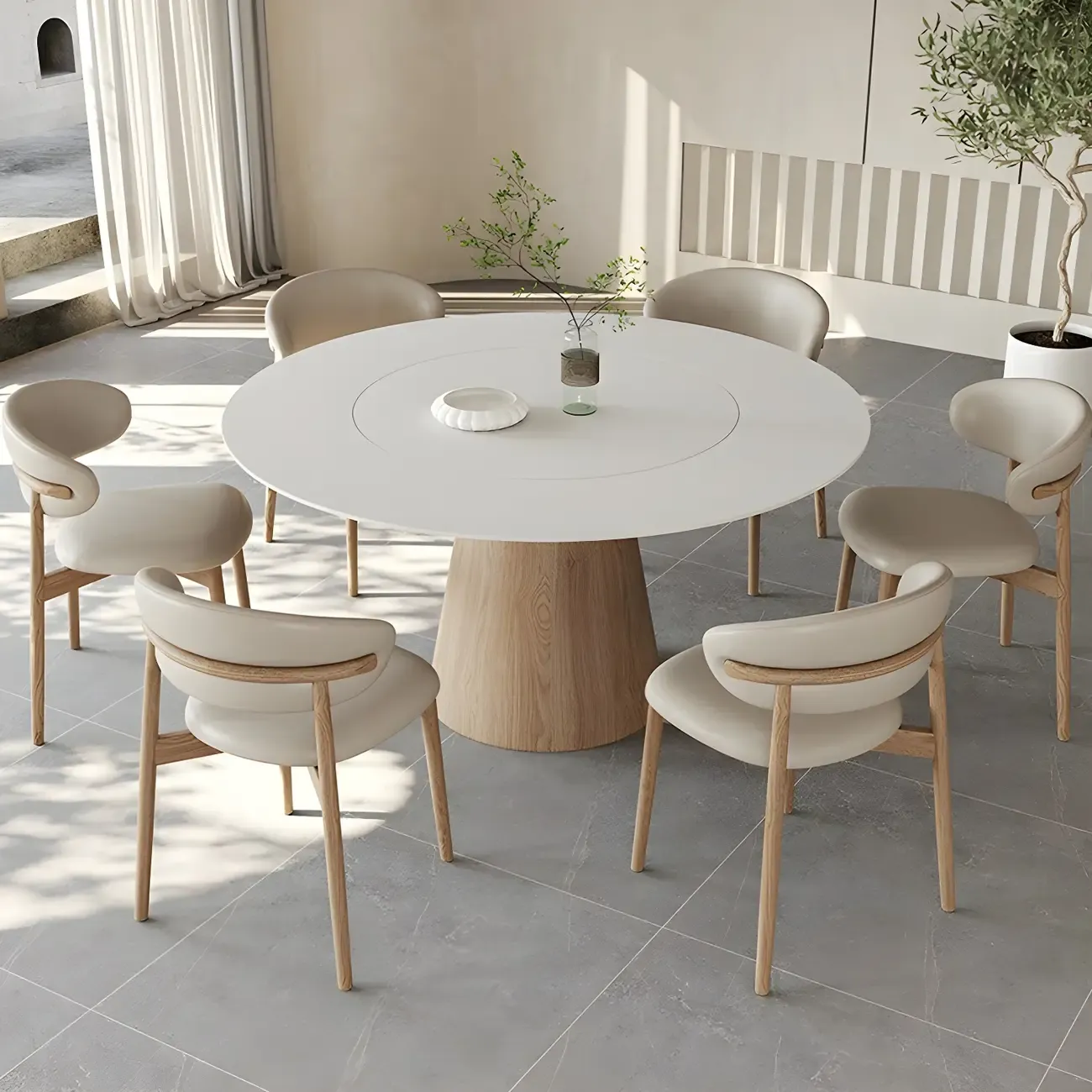 Simple White Stone Natural Wood Round Dining Table Image - 8