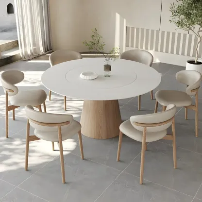 Simple White Stone Natural Wood Round Dining Table Image - 8