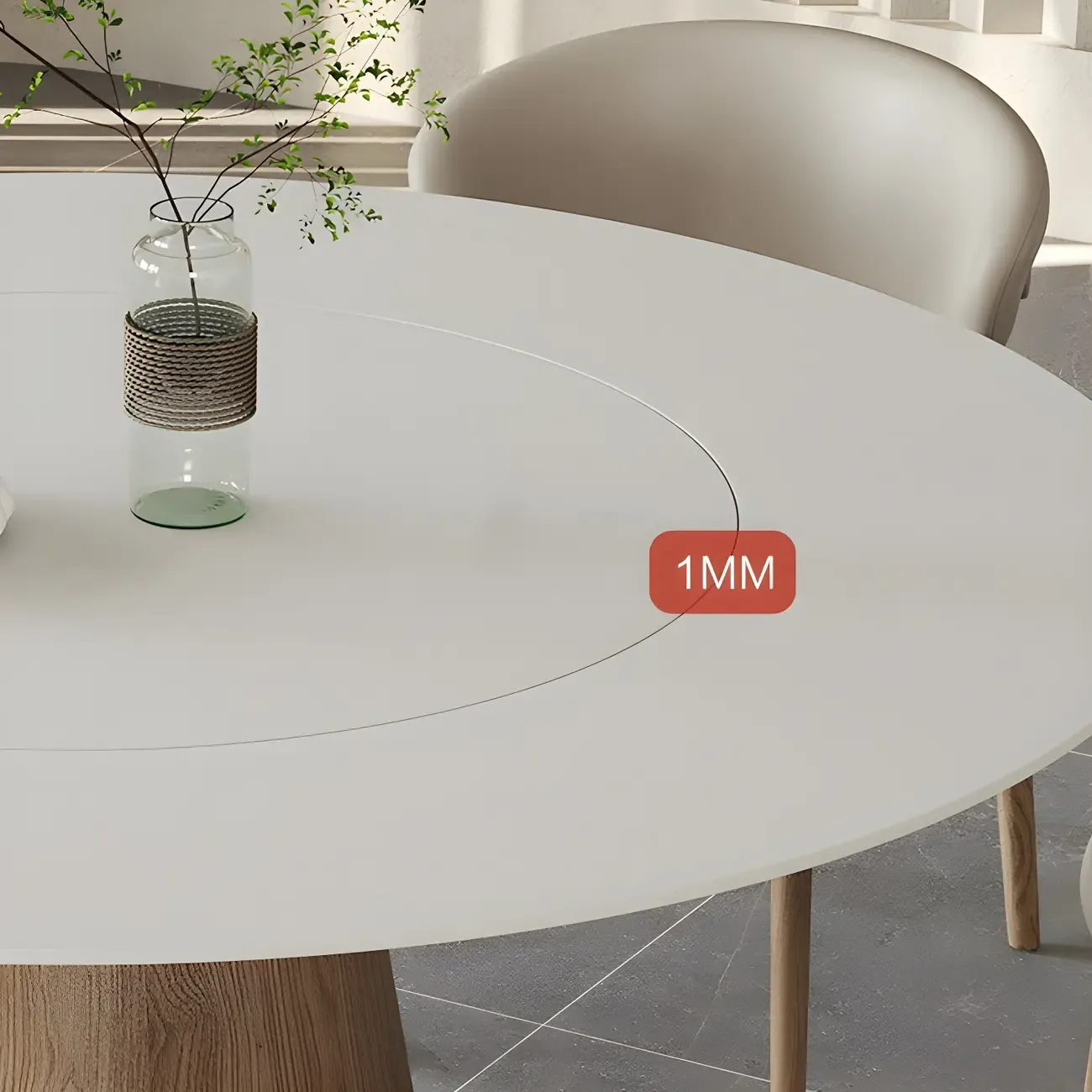 Simple White Stone Natural Wood Round Dining Table Image - 12