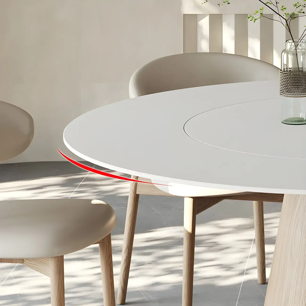 Simple White Stone Natural Wood Round Dining Table Image - 13