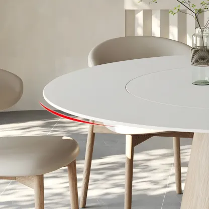 Simple White Stone Natural Wood Round Dining Table Image - 13