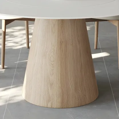 Simple White Stone Natural Wood Round Dining Table Image - 14