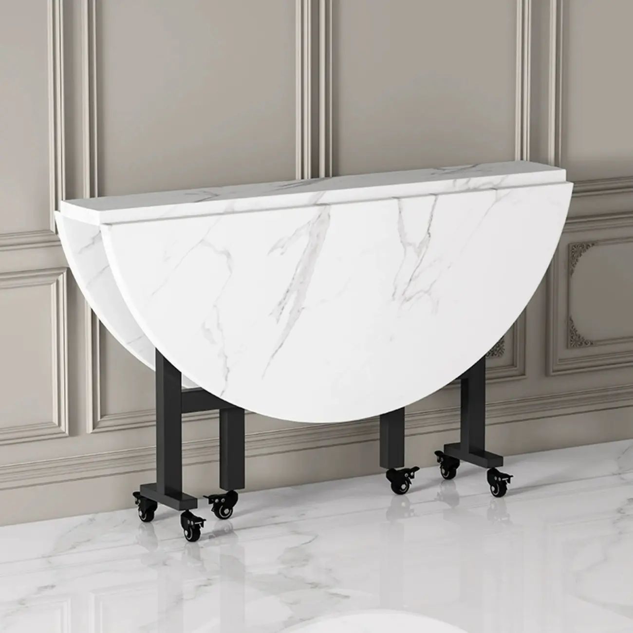 Modern Marbled Wood Folding Dining Table on Wheels Image - 1 | homeyfad