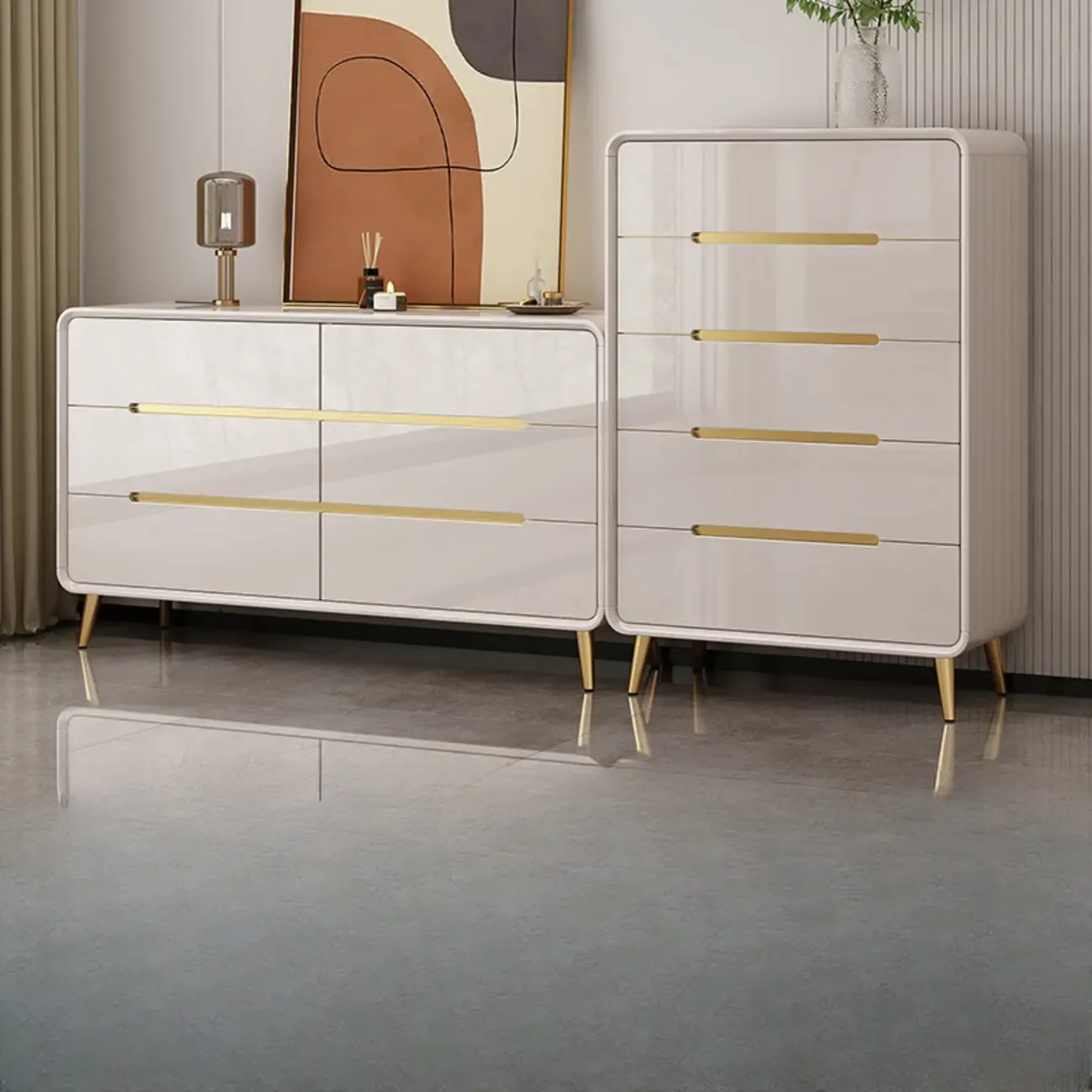 White Glam Bedroom Modern Wood Dresser with Legs Image - 1