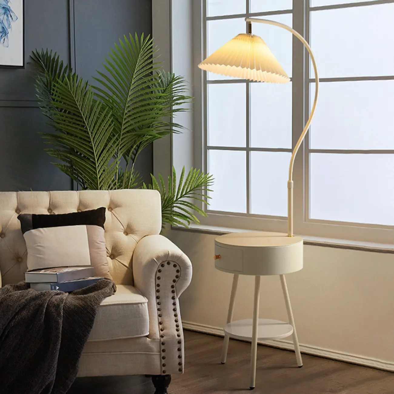 Adjustable White Arc Floor Lamp with Fabric Shade Image - 2 | homeyfad