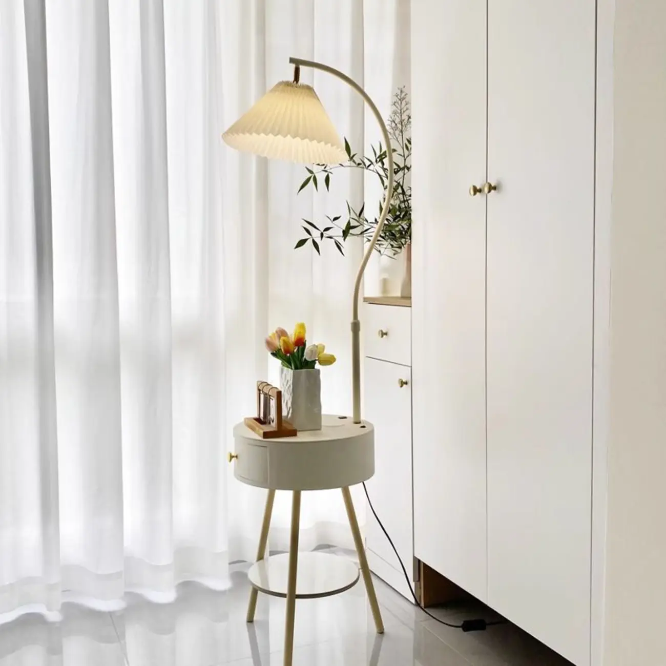 Adjustable White Arc Floor Lamp with Fabric Shade Image - 1 | homeyfad