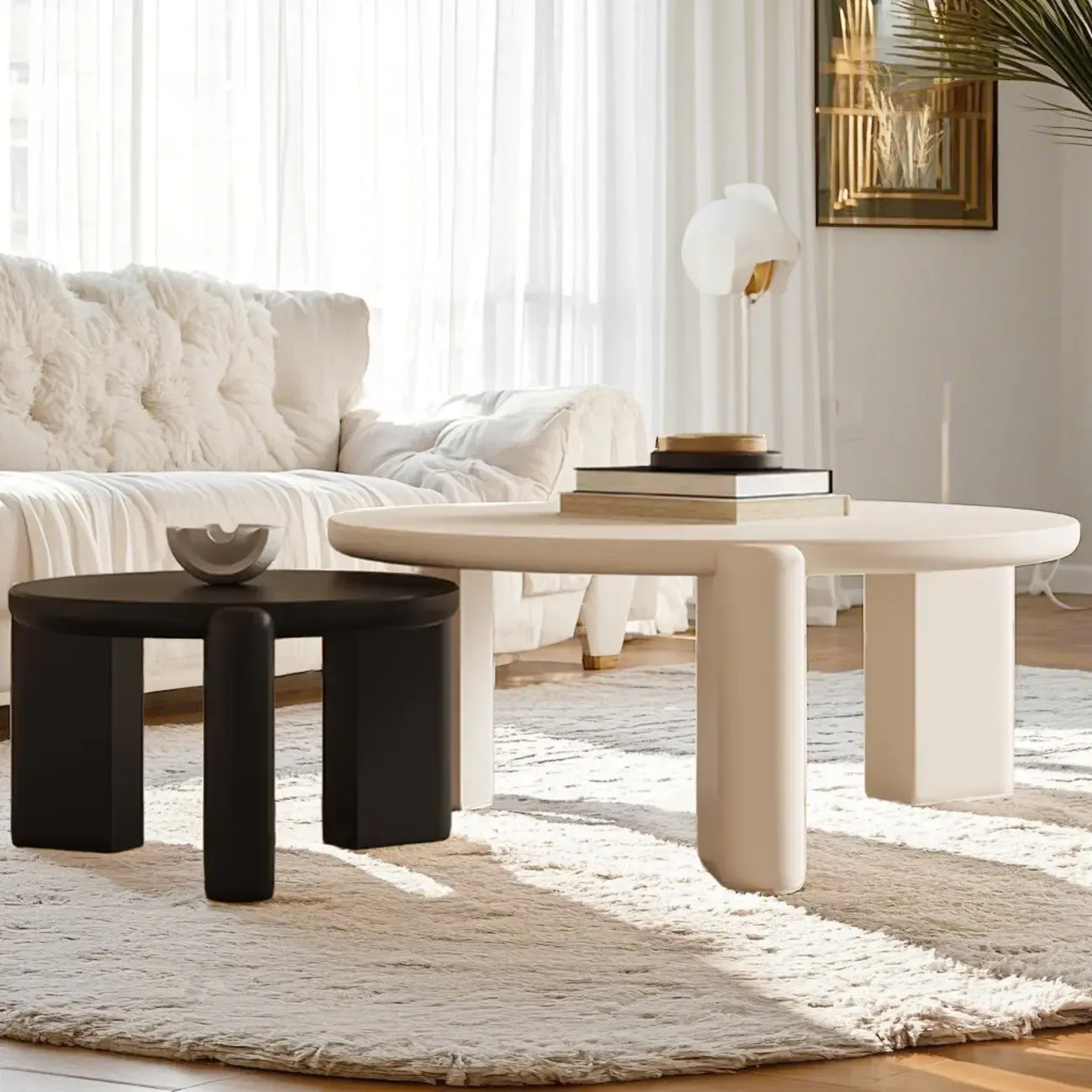 Black White Triple Leg Round Wood Coffee Table Image - 1