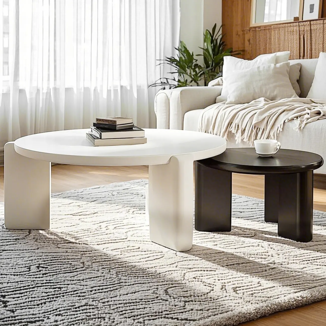 Black White Triple Leg Round Wood Coffee Table Image - 2 | homeyfad