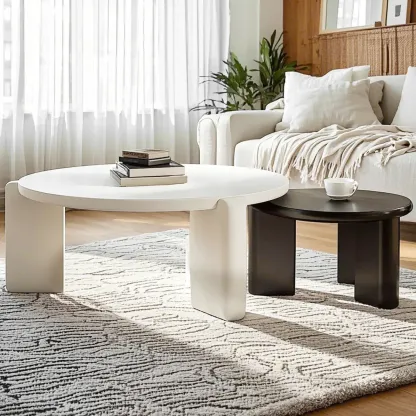 Black White Triple Leg Round Wood Coffee Table Image - 2