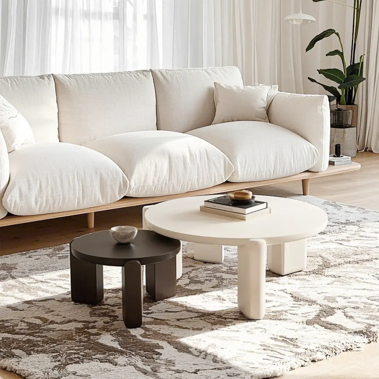 Black White Triple Leg Round Wood Coffee Table Image - 3
