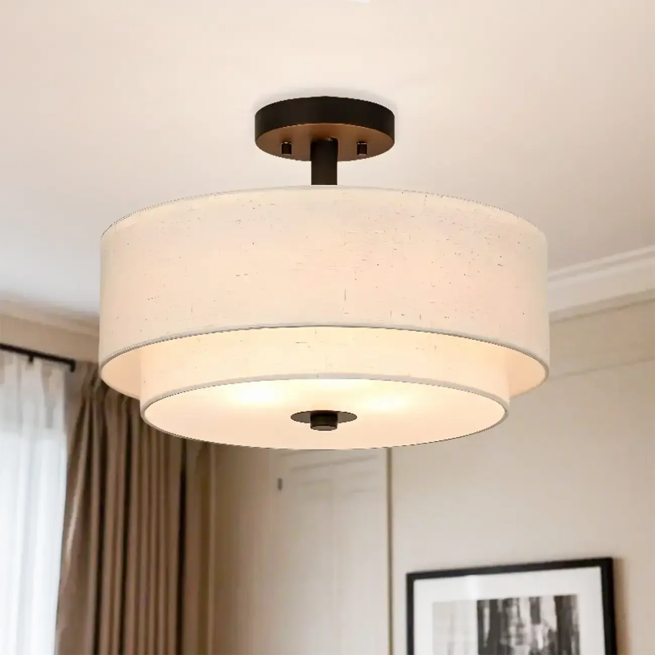 2-Tier Cylinder Fabric Ceiling Light for Modern Living Room Image - 3