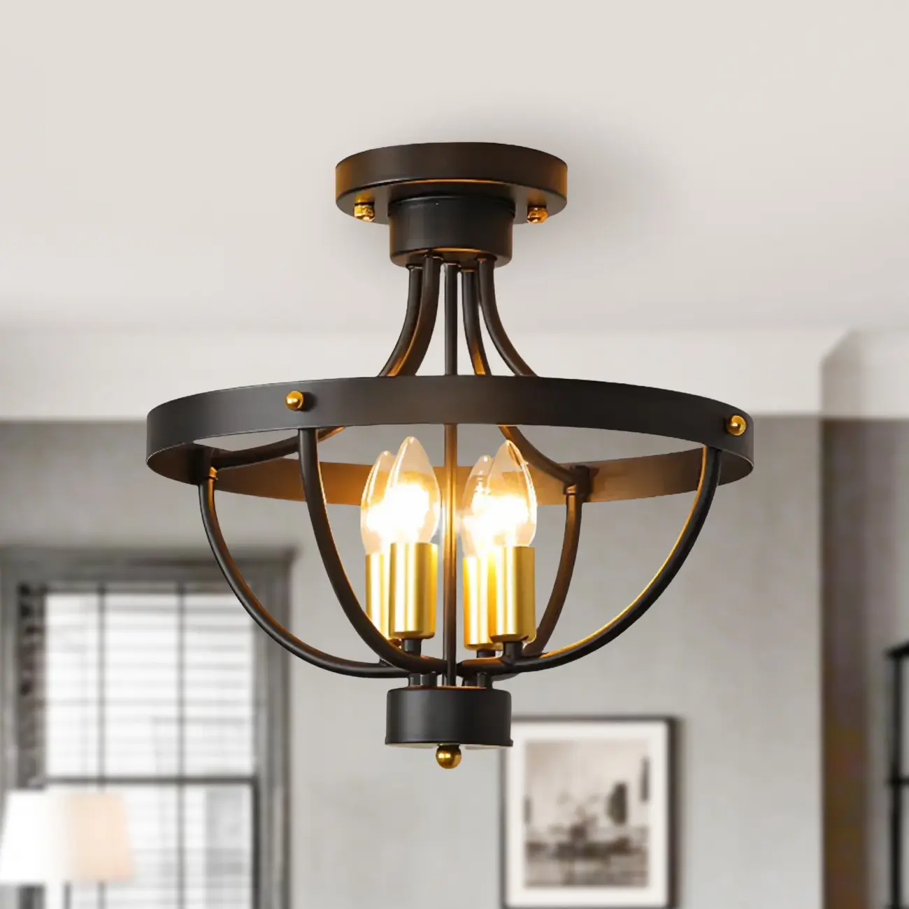 Industrial Cage-Shaped Semi-Flush Ceiling Light for Bedroom  Image - 4 | homeyfad