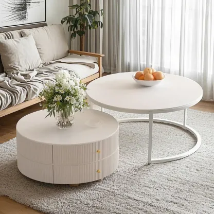 White Round Wheeled Round Wood Drawer Coffee Table Image - 1