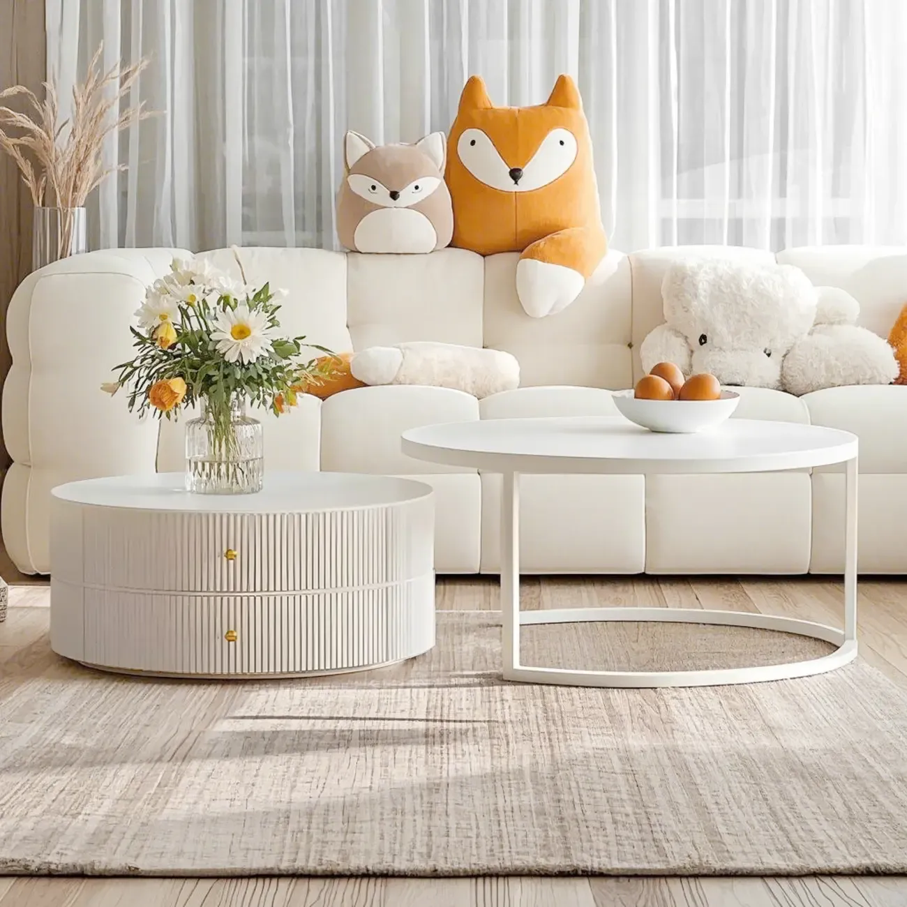 White Round Wheeled Round Wood Drawer Coffee Table Image - 2