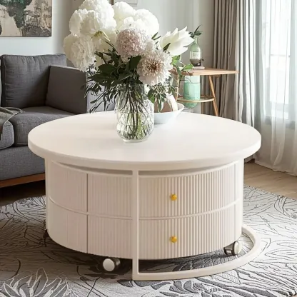 White Round Wheeled Round Wood Drawer Coffee Table Image - 3