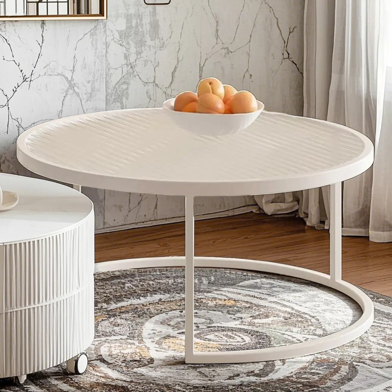White Round Wheeled Round Wood Drawer Coffee Table Image - 4 | homeyfad