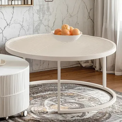 White Round Wheeled Round Wood Drawer Coffee Table Image - 4