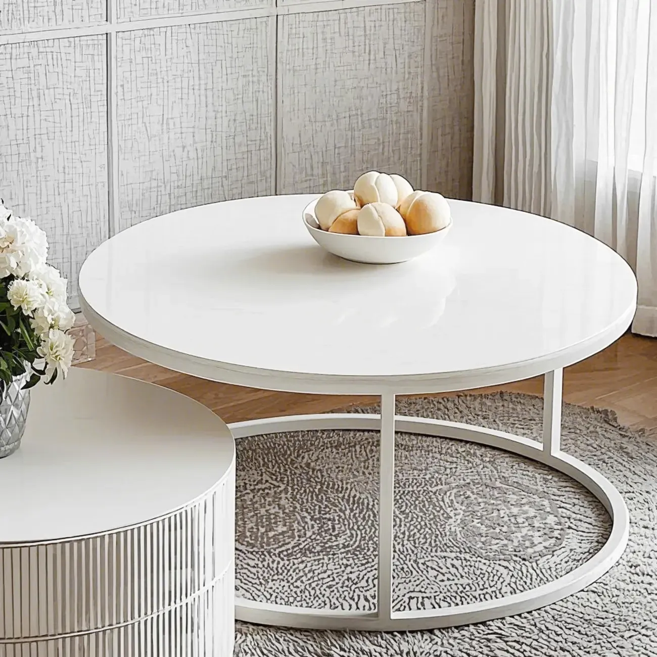 White Round Wheeled Round Wood Drawer Coffee Table Image - 5