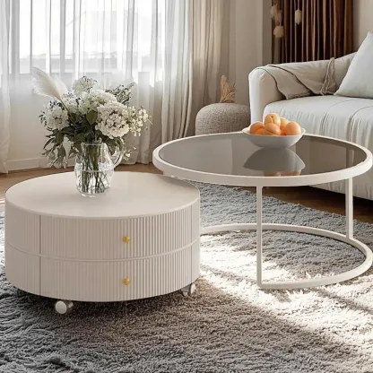 White Round Wheeled Round Wood Drawer Coffee Table Image - 6